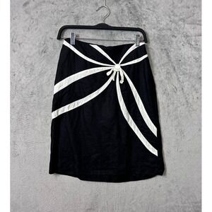 Mod Black Linen A-Line Skirt Small Minimalist Knee‎ Length White Ribbon Detail